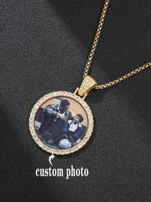 Pendentif souvenir photo personnalisé - Style hip-hop, rond incrusté de zircone, collier DIY pour hommes
