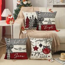 4pcs Christmas Throw Pillow Covers - 18 X 18 Inch Set (Pillow Inserts Not Included) - Christmas Tree, Winter Cottage, Holiday Cheer Bright Cushion Covers, Washable With Zipper Closure - Suitable For Sofa, Patio, Bedroom, All Room Types, Holiday & New Year Decor, Festive Parties, Christmas Party, Holiday Decoration, Party Favors, Home Decor, Fun Christmas Party Decorations, Christmas Holiday, Happy New Year, Christmas Gifts, Christmas Decoration