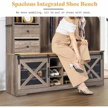 7-In-1 Farmhouse Hall Tree With Bench And Shoe Cabinet, LED Entryway Organizer With 2 Drawers, 12 Shoe Cubbies, Barn Doors And 7 Coat Racks - 灰色 - 查看 6