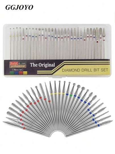  GGJOYO Juego de 30 piezas de brocas de diamante para taladro de uñas, brocas de carburo de 3/32 pulgadas para cutículas, brocas profesionales para taladro de uñas para acrílico, gel, cutículas, manicura y pedicura