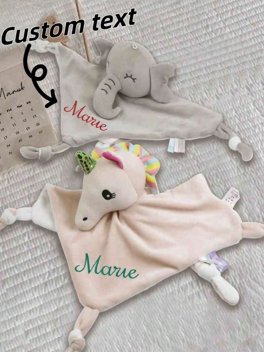 Personalized Embroidered Name/Text Comfort Toy, New Year Gift, Newborn Blessing Gift, Cartoon Soft Comfort Blanket, Rattle Paper Handkerchief, Plush Toy With Built-In Bell, Soft & Cute, Suitable As Gift For Family, Friends, Birthday, Holiday, Back To School - Multicolor - View 1