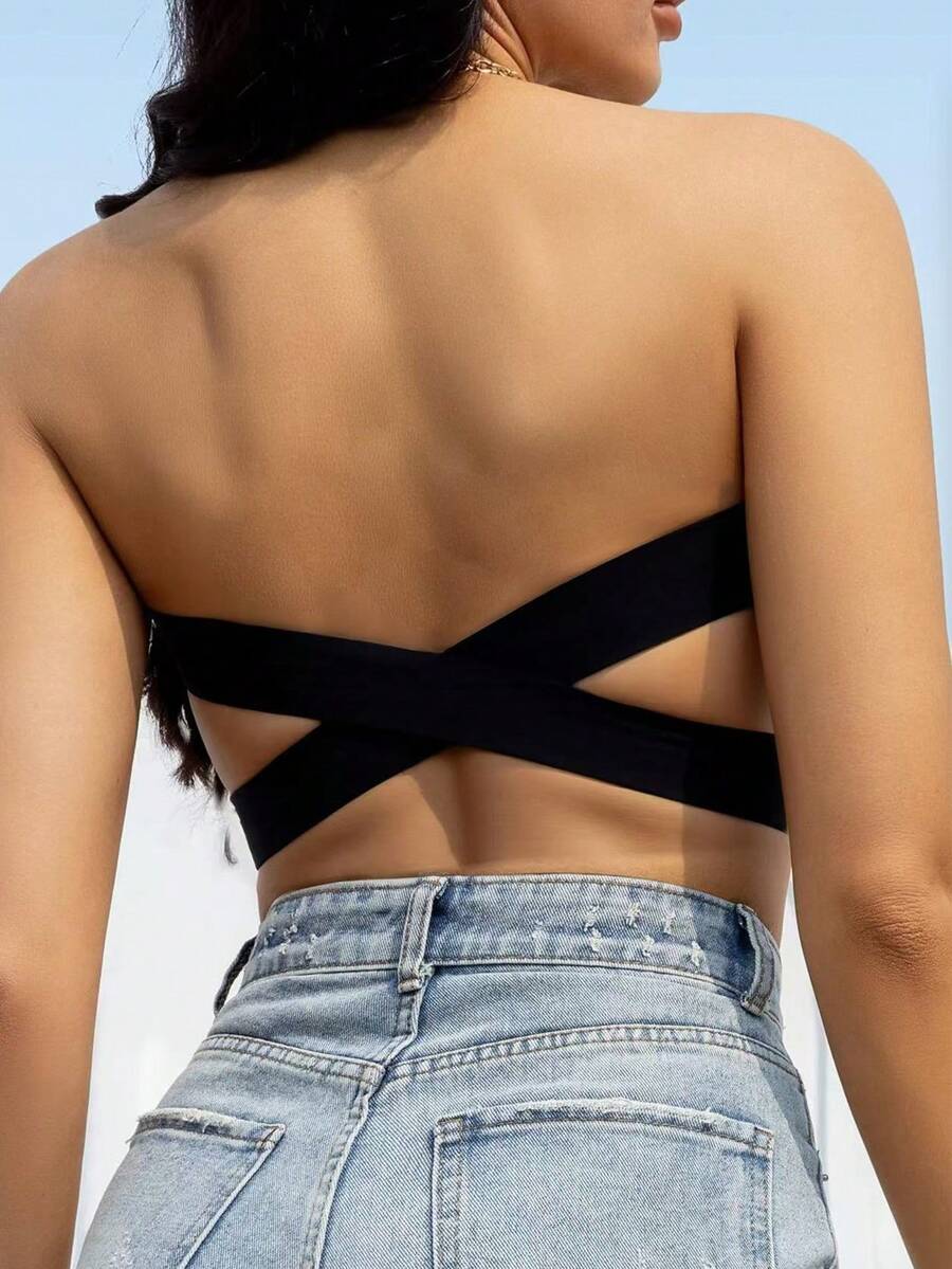 1pc Women's Seamless Anti Slip Cross Enhanced Sports Bra Sexy Side Bra Strapless Bra Comfortable Seamless Bra Detachable Padding Suitable For Matching Backless Skirts, Wedding Dresses, Etc