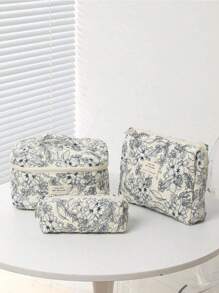 1 件花卉印花绗缝女士化妆包，柔软面料花卉印花拉链化妆包，适合存放化妆品、护肤品、口红、指甲油、发饰，非常适合家庭、旅行、新年/情人节礼物旅行必需品包，适合学校假期返校用品化妆包女士旅行包