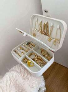 1pc Double Layer Jewelry Box, Large Capacity Jewelry Storage Box, Jewelry Display Tray, Necklace, Earrings, Jewelry & Accessories Organizer Box, White Simple Compartment Jewelry Display Stand With Dust-Proof And Anti-Oxidation Function, Compact Portable Jewelry Box, Travel Jewelry Storage Bag, Small Ring Earring Jewelry Box, Suitable For Earrings, Necklaces, Rings, Portable, Spacious, With Buckle, Lipstick, Watch, Gift For Women, Girls, Girlfriend, Christmas, Halloween, New Year