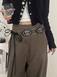 女式西部牛仔铆钉装饰复古棕色皮带，百搭牛仔裤，适合夏季、秋季、秋季、万圣节等风格