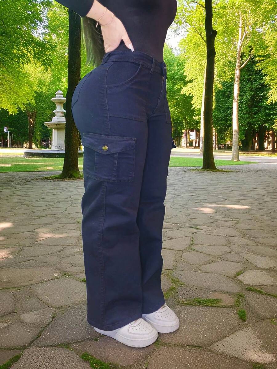 Pantalon jeans de mezclilla estilo corte ancho cargo stretch para dama mujer push up cintura alta urbano - Petroleo cargo con bolsas - Ver 1