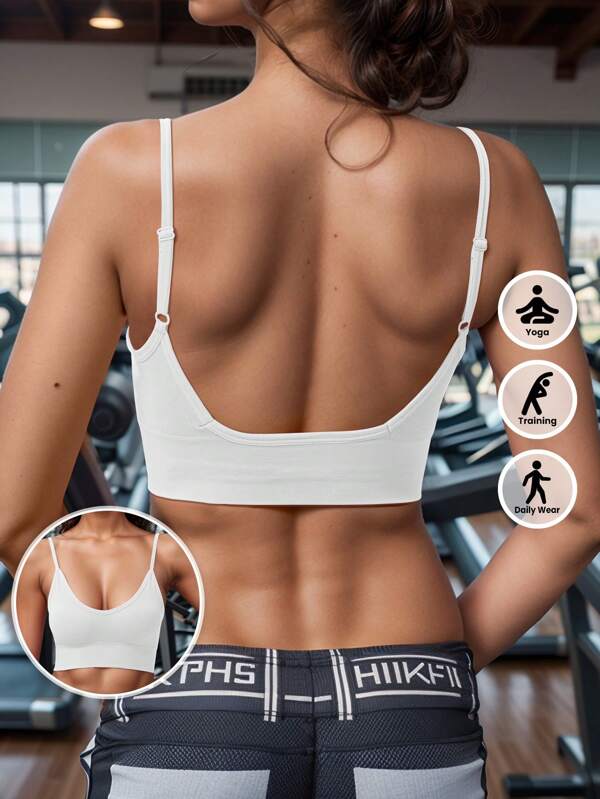 1pc Classic Ribbed High Elastic Yoga Sports Bra, Shock-Proof Seamless Fitness Tank Top With Adjustable Straps & Breathable Backless Design'