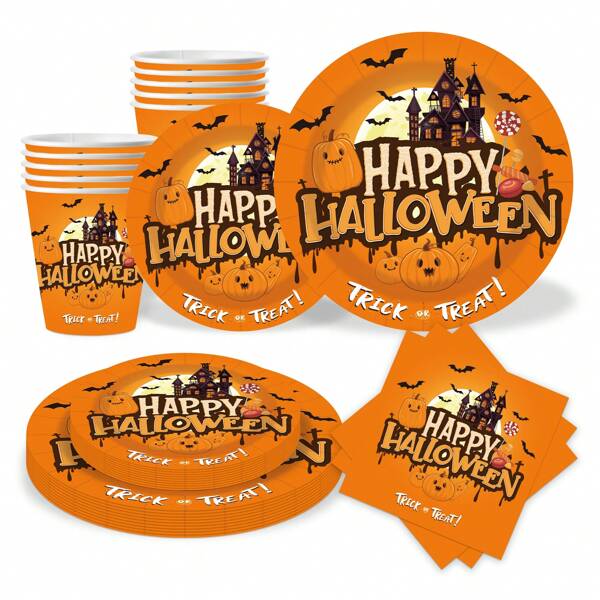 10/50 peças de talheres descartáveis com tema de castelo de abóbora de Halloween - pratos/copos/guardanapos de 7/9 polegadas, decoração de mesa de Halloween, suprimentos para festa, suficiente para 10 convidados