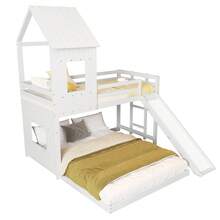 Sairedel Bunk Bed With Slide, House Bed, Children's Bed, With Gate, With Window And Roof, With Three-Step Ladder, Pine + MDF, White, 90x200cm & 140x200cm - 白色 - 查看 11