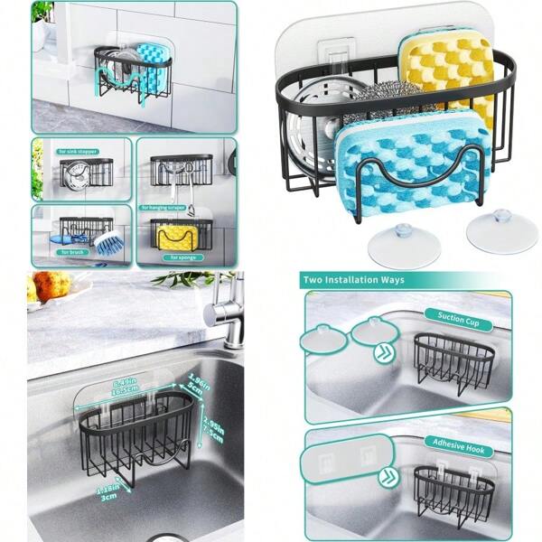 Multifunctional Sponge Holder With Unique MShaped 2 Installation Methods Kitchen Sink Caddy Organizer Rustproof Stainless Steel Sponge Caddy For Brush Sink Stopper And Scraper Black