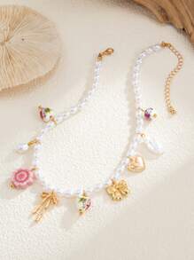 1pc Summer Retro Ceramic Chinese Style Bow, Heart, Asymmetrical Pearl Pendant Necklace, Vacation Style Collar Accessory