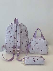 3 Pcs Fashionable Preppy Bow Print Backpack Set,Backpack&Lunch Bag&Pencil Case,With Laptop Compartment Bookbag,Adjustable Strap Bookbag Set,Multi Pockets High-Capacity School Bag Set Multifunctional Daypack Set Idea For Boys/Girls/Teens/College Students/Graduate/Graduate For Daily Use/Vacation/Travel/Back To School - Multicolor - View 10