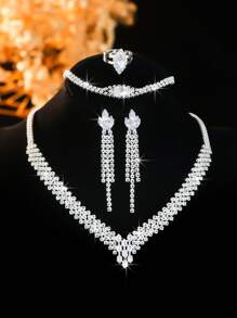 Juego de joyas nupciales clásico de 5 piezas que incluye collar, aretes, anillo, pulsera, accesorios de boda de alta gama con rhinestones y collar y aretes minimalistas de pendiente para mujeres