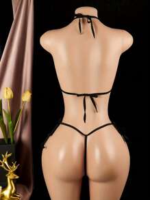 Sexy Lingerie, Sexy Lingerie Lace A Black Floral Erotic Lingerie Set Featuring Sheer Hollow-Out Corset And Thong. With A Pull-String Front For Instant Breast Release, Perfect For Couples' Passionate Nights.