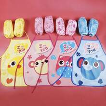 Cute Cartoon Kids Cooking Apron With Sleeves, Chef Hat And Pocket Apron Set, Children's Craft Art Kitchen Cooking Chef Set For Drinks, Food, Baking Toys, 3-8Y, Waterproof PVC Painting Smock, Toddler Preschool Art Smock