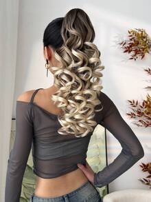 20 Inch Deep Brown Wavy Clip-In Ponytail Hair Extensions, Soft & Natural, Synthetic Hair, For Women - Brown Ombre - View 8