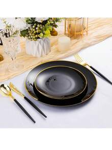 一套25个黑金圆形蛋糕甜点板，包含（7.5英寸/10.25英寸的侧托盘）和高品质水果沙拉板，可重复使用且易于清洁。非常适合婚礼、情人节、生日和节日派对。 - 彩色 - 查看 9