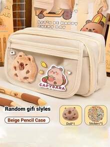 7件套包含：笔袋和玩偶、5张贴纸、可爱水豚笔袋、多层水豚笔盒、水豚胸针。适用于收纳学校用品、钢笔、尺子、橡皮擦、家居装饰（5张随机贴纸）、返校礼物 - 米色 - 查看 9