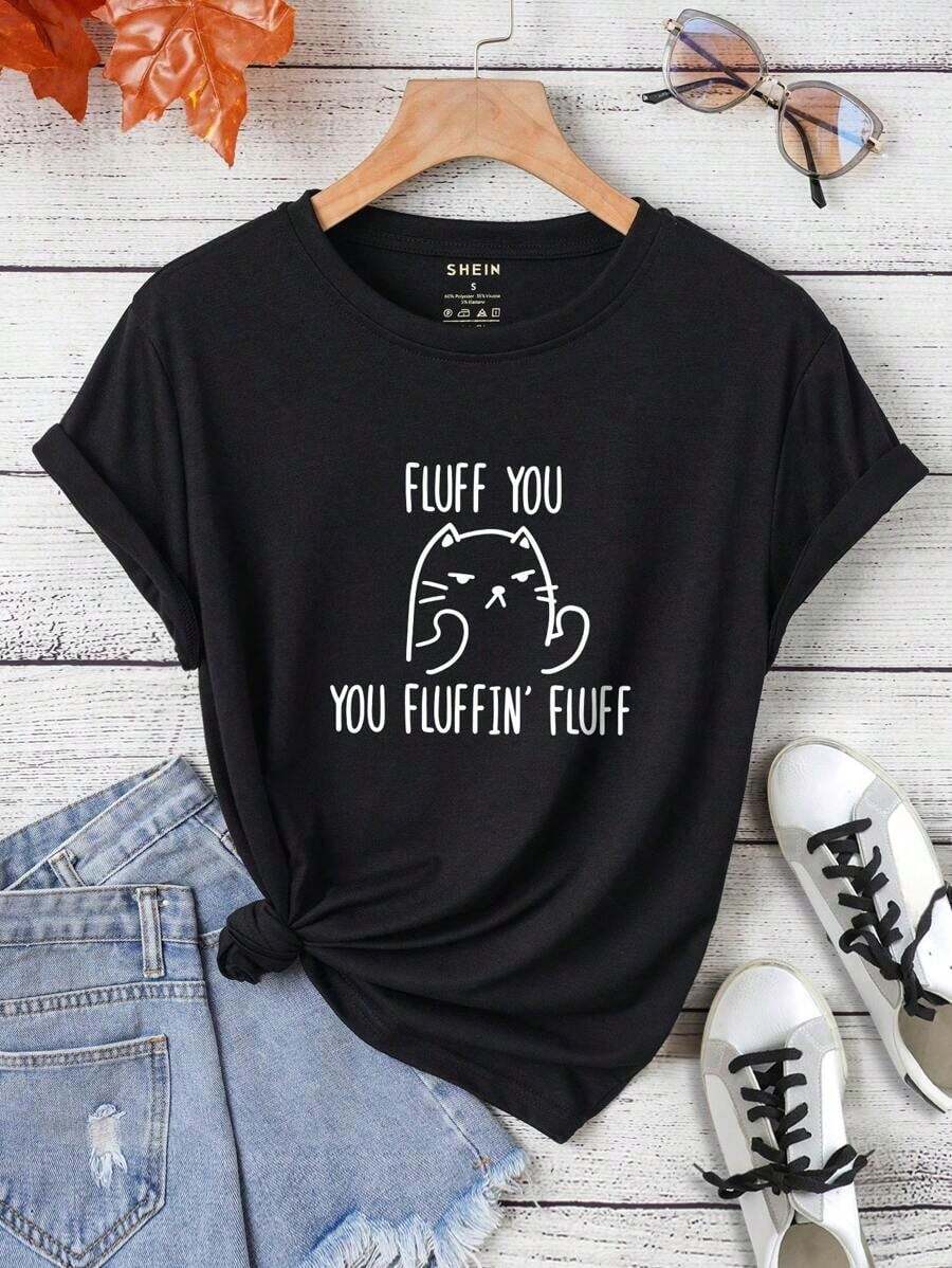 Women's Graphic T-Shirt With Cartoon Print And Slogans - Negro - Ver 1