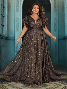 QOQ 大码女士亮面夏季晚礼服，适合盛大晚宴、生日派对、慈善舞会、正式晚宴等正式场合，紫色荷叶边袖褶皱后背拉链连衣裙 - 棕色 - 查看 5