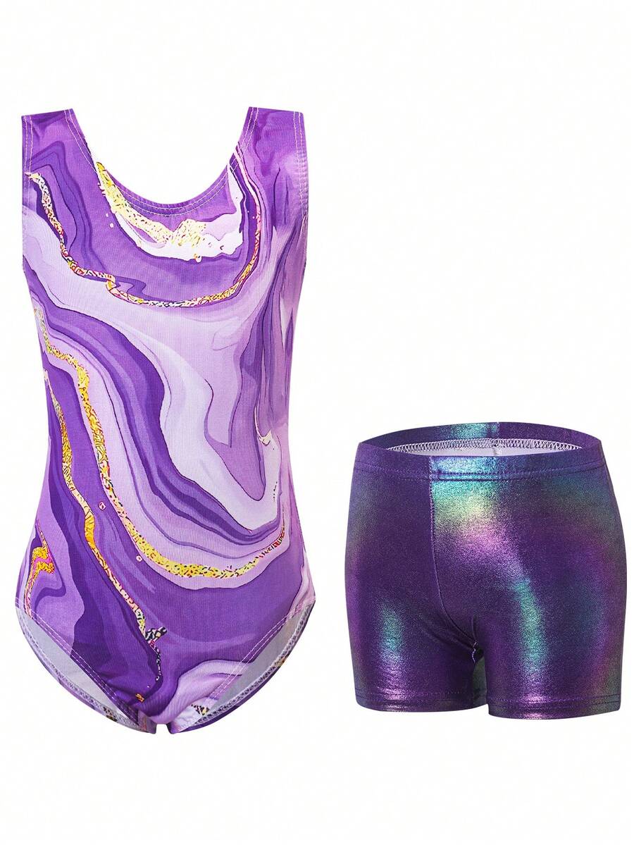 Girls' Gymnastics Tight Jumpsuit Set Girls' Sparkling Ballet Dance Costume Two-Piece Set Sparkling Rolling Shorts - Purple - View 1