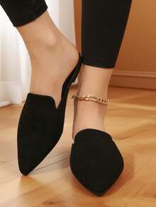 Spring Summer Autumn Fashion Pointed Toe Black Knit Slip-On Women's Flat Slippers, Breathable And Comfortable, Convenient For Travel, Suitable For Daily Lightweight Wear, Summer Slippers - Black Suede - View 4