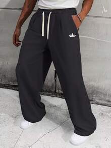 男士轻盈皇冠印花抽绳阔腿裤，宽松休闲慢跑裤，适合度假、户外、通勤、工作、钓鱼、露营，送给男朋友/丈夫的礼物，春秋季