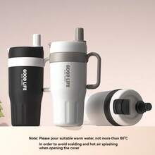 Leak-Proof 304 Stainless Steel Insulated Travel Mug, With Foldable Straw-Sipping Lid And Handle, For Hot/Cold Drinks Back To School