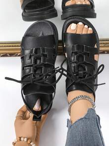 Women's Solid Color Platform Wedge Sandals, Casual Buckle Summer Sandals, Comfortable Open-Toe Sandals, Women's Roman Flat Sandals, Solid Color Open-Toe Criss-Cross Strap Non-Slip Shoes - Black - View 7