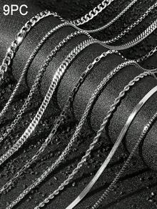 8 件时尚男士不锈钢链条项链套装 DIY 搭配日常佩戴