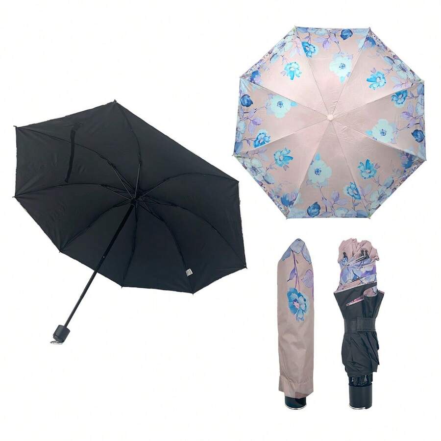 Paraguas bolsillo disponible en 4 colores llamativos con estampado flores compacto automático protección lluvia sol ligero portátil resistente accesorios diarios - Rosa vieja - Ver 1
