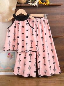 年轻女孩优雅蝴蝶结领口印花背心 + 阔腿裤两件套，法式奢华百搭服装，适合派对 - 粉色 - 查看 1