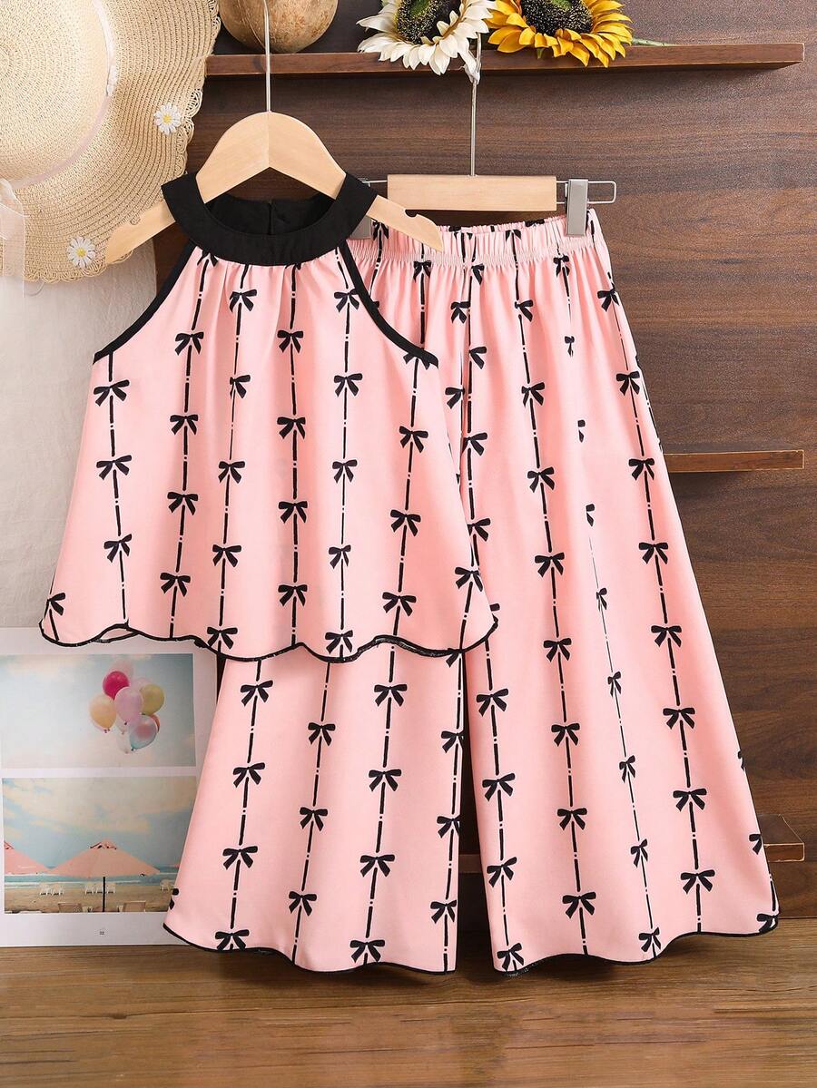 年轻女孩优雅蝴蝶结领口印花背心 + 阔腿裤两件套，法式奢华百搭服装，适合派对 - 粉色 - 查看 1