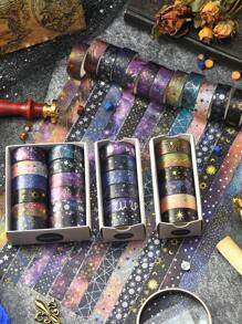 12/6rolls/Box Galactic Splendor Star Washi Tape, Scrapbook Supplies Tape Dispenser Washi Tape, Starry Sky Bronzing Washi Tape Set With Dream Planet Design(0.59*78.74in) School Supplies, Back To School
