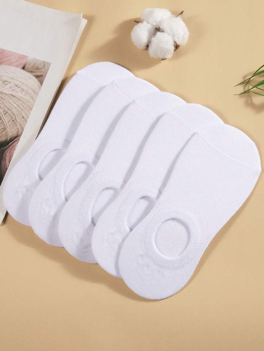 5 Pairs Women's Casual Round Toe Loafer Socks - White - View 1