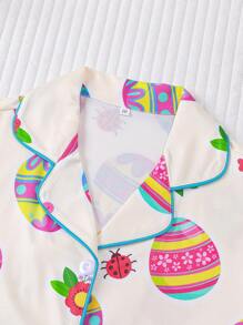 2 件女童彩色鸡蛋印花睡衣套装，儿童可爱连体衣配领扣衬衫，适合所有季节、家居服和派对 - 杏色 - 查看 3