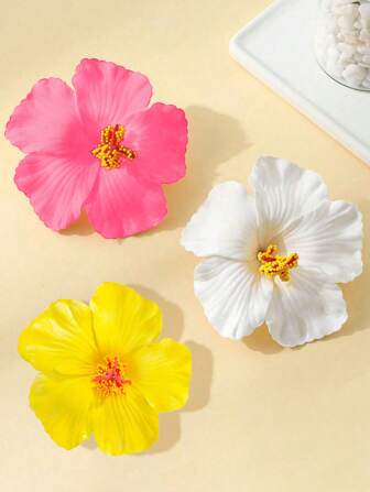 3pcs Hawaiian Flower Hair Clips, Women Artificial Tropical Flower Hibiscus Hair Claws For Beach Holiday Party Boho Style, Fashion, Elegant, Minimalist, Solid Color, Suitable For Daily, Casual, Party, Commute, Vacation, Bun, Ponytail, Face Washing, Makeup, Outfit Accessories ,Flat Claw Clip, Hair Slide, Hair Accerssories