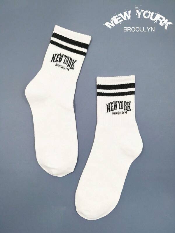 1 Pair Women's Letter Double Bar Mid-Calf Socks, "New York Brooklyn" Fashionable Versatile, Soft And Comfortable Student Sports Socks, Suitable For Holidays, Gifts, Home, Back To School, Travel