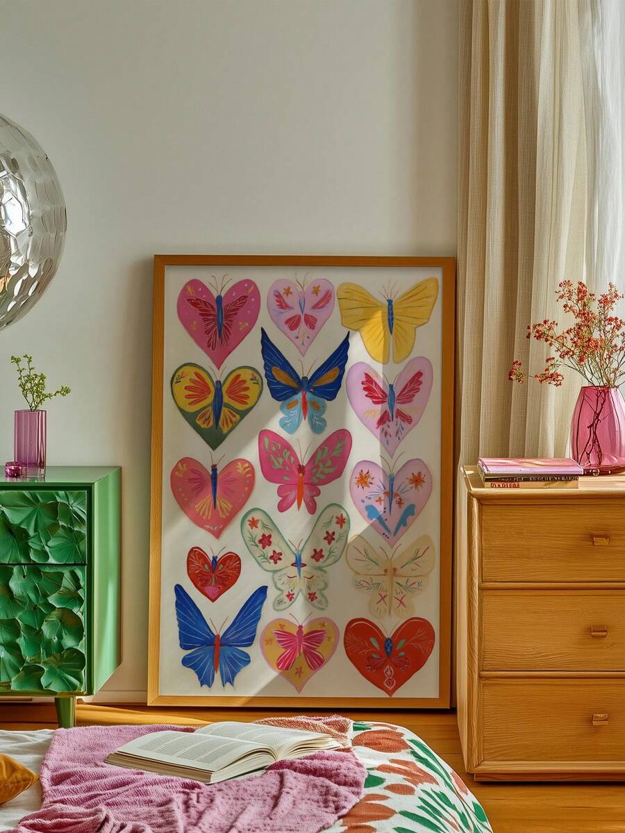 1pc Baby Room Decor, Wall Art, Butterfly Heart Prints, Colorful Nursery Art, Teen Girl Dorm Room Decor, 70's Style Art, Bohemian Wall Art, Whimsical Bedroom Poster Wall Art, Modern Living Room Wall Decor, Kids Room Wall Art For Boys, Baby Animal Prints - Multicolor - View 1
