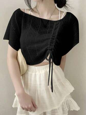2025年夏季女士优雅抽绳针织上衣，设计元素丰富