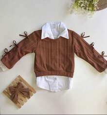 2-Piece Children's Set Dress Shirt + Long-Sleeved Blouse With Bows Sizes 2 To 10 - Rust Brown - View 2
