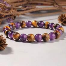 Pulsera de 8 mm de piedras de amatista y ojo de tigre para mujer | Joyería apilable, alivio de la ansiedad, ayuda para dormir, regalo de amuleto de buena suerte