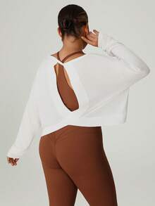 Women Plus Size Plus Size Lightweight Breathable Hollow Back Leisure Fitness Sport Long Sleeve T-Shirt Cover-Up Blouses Top - 白色 - 查看 6