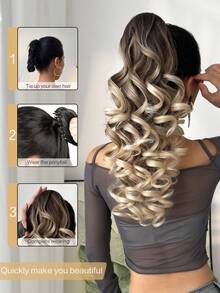 20 Inch Deep Brown Wavy Clip-In Ponytail Hair Extensions, Soft & Natural, Synthetic Hair, For Women - Brown Ombre - View 6