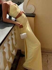 (2 件) 女士优雅浪漫日落约会情人节甜美超长修身奶油黄两件套裙