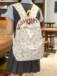 Casual Large Capacity Floral & Letter Graphic Multi-Pocket Functional Backpack, Cute Fresh College Style Student School Backpack, Suitable For Going To School, Travelling, Suitable For Back To School Season