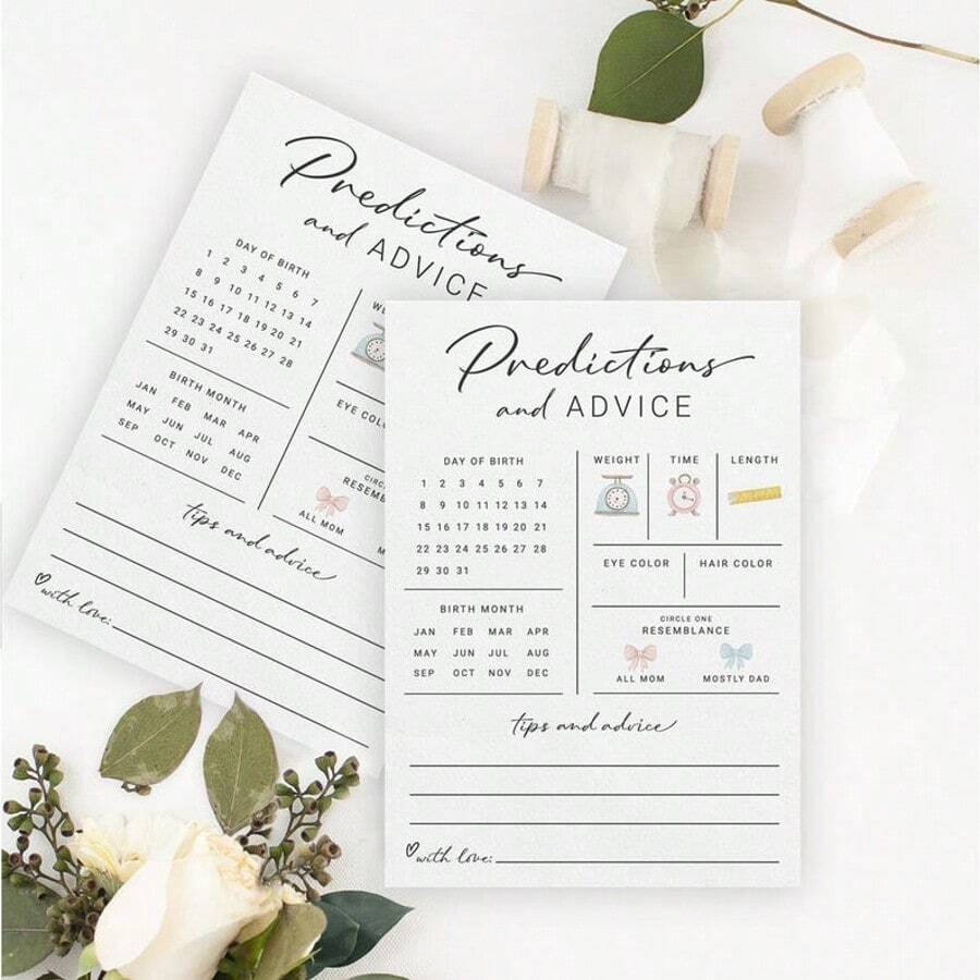 20 szt. kartek z poradami i przewidywaniami na temat dziecka, upominki na baby shower, dekoracje na baby shower, gry na baby shower dla nowych rodziców, gra powitalna na baby party, życzenia mamy i taty, ujawnienie płci chłopca lub dziewczynki, nowoczesny minimalistyczny design