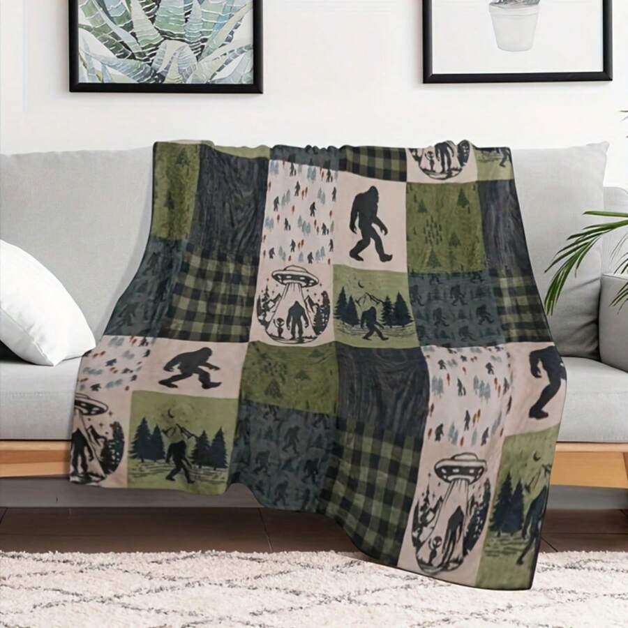 Deep Forest Theme, Bigfoot And Forest, Elk, Bear Patterns,Super Soft Flannel Printed  Blanket,As Birthday Gifts, Family, Wedding, Souvenir Blankets, Polyester Blankets Suitable For All Seasons, Washable, Machine Washable, Lightweight, Breathable, Comfortable, Warm, Unique, 280gsm For Him, Her Personalized Ideal Gifts For Her, Him, Family, Boyfriend, Girlfriend, Father, Family, Mother, Lover, Daughter, Son, Grandfather, Grandmother, Friend, Classmate, Pet.    Perfect Nap, Camping, Travel, Home, Daily Life, Office Decoration, Birthday, Anniversary, Valentine's Day, Thanksgiving, Christmas, Halloween, Mother's Day, Father's Day, Wedding, New Year Gifts ,Sofa,Bed,Car,Bedroom,Living Room,Office,  Outdoor Camping, Beach,Wall Decoration - 多色 - 查看 1