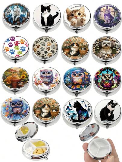 2 Compartment Pill Box, Portable Pocket Or Wallet Decorative Metal Medicine Vitamin Storage Box, Unique Gift (Wolf, Cat, Dog, Owl)