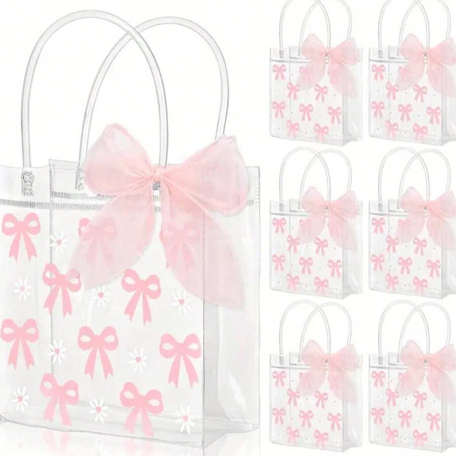 4 件粉色蝴蝶结透明 PVC 礼品袋粉色蝴蝶结雏菊花派对礼品袋招待手提袋适用于婚礼生日单身派对送礼会新娘送礼会婚礼派对用品